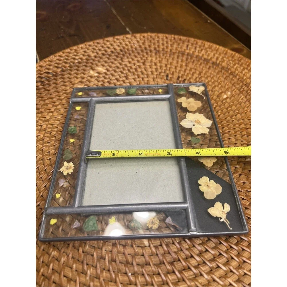 Vintage Glass Picture Frame With Dried Flowers Holds 3.5”  X  5” Photo